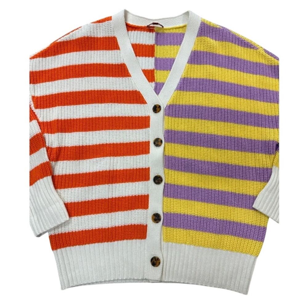 STAUD Essex Cardigan Cabana Stripe Orange Yellow Cream Purple Multi Large V-neck - Picture 16 of 16